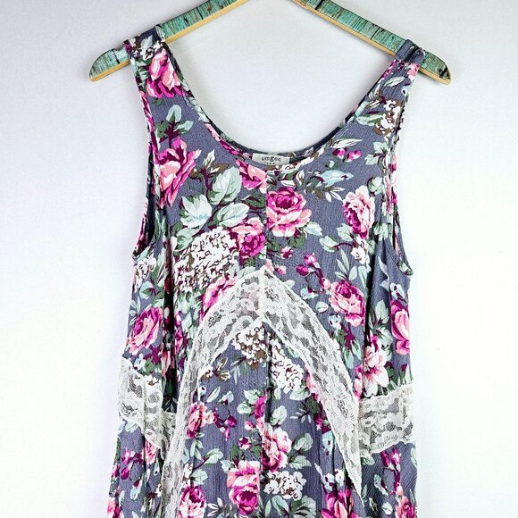 Umgee USA Crepe Sheer Lace Dainty Asymmetrical Southern Boho Tank Top, Sz L - Picture 3 of 10
